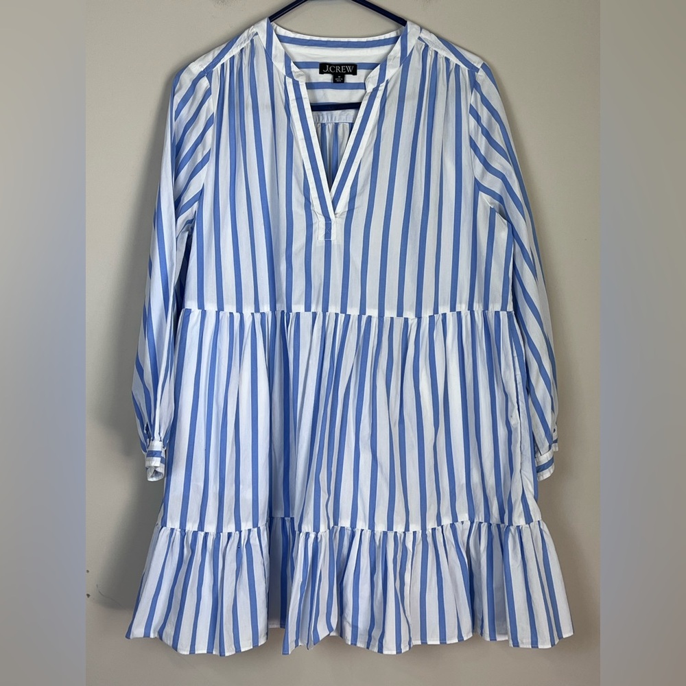 J. Crew Tiered Cotton Poplin Long Sleeve Dress Blue White Stripe Med - Picture 2 of 8